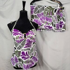 LANDS' END Size 18 Two Piece Tropical Palm Leaf Halter Tankini Top Swim Skirt